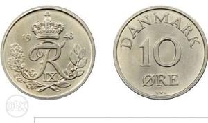 On Round Silver-colored 10 Danmark Ore Coins 