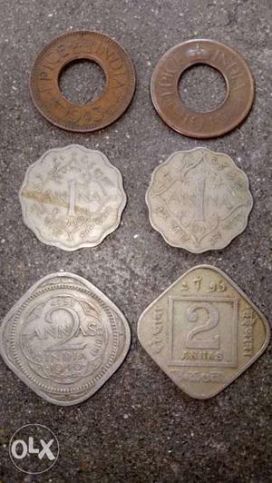 Six Silver And Copper-colored Coins (1 ANA, 2 ANA  to