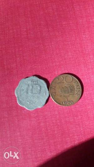 Two Silver-colored And Copper-colored 10 And 20 Indian Paise