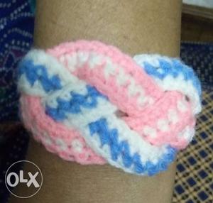 White, Pink, And Blue Knitted Bracelet