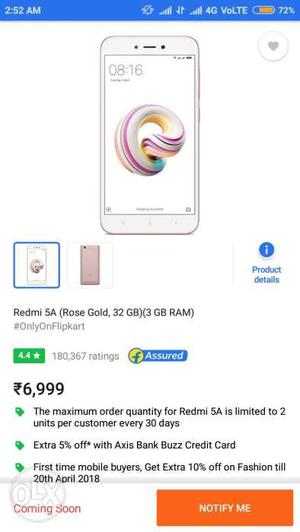 7 days old Redmi 5A rose gold 3GB RAM/32GB: 2 SIMS + SD