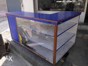 Blue And Brown Wooden Framed L-shaped Display Case