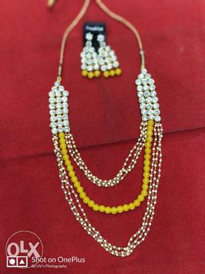 Diamond Embellished Yellow Beaded Multi-layered Necklace And