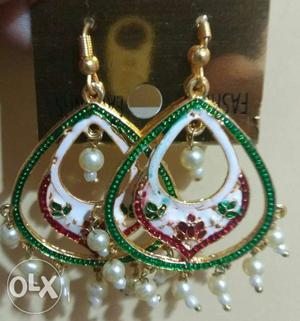 Gold-colored-and-green Chandelier Earrings