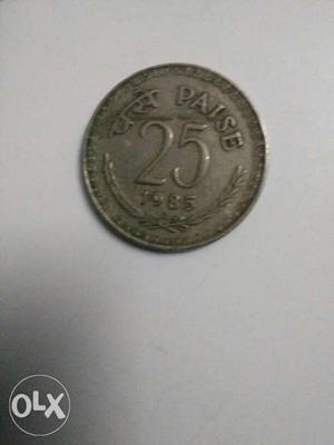 Old round silver 25 paise coin for sale