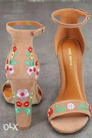Pair Of Brown-and-green Sandals