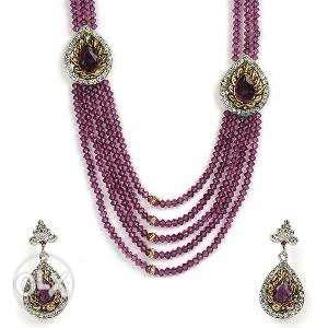 Pink,Silver And Gold Necklace With Pair Of Jhumkas