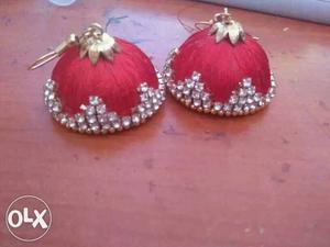 Red Threaded Jhumka Earrings