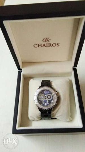 Round Silver And Black Chronograph Watch With Box