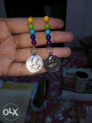 Two Beaded Straps With Silver-colored Coin Pendants