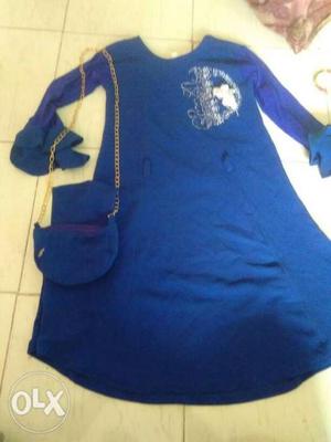 Women's Blue Long-sleeved Dress And Blue Leather Sling Bag