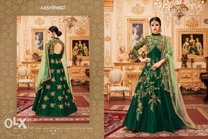 Women's Green And Brown Floral Traditional Dress