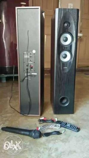 Two Black PA Speakers And Microphone