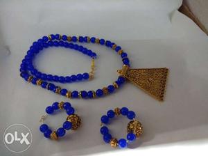 Beaded Blue And Gold-colored Necklace With Earrings