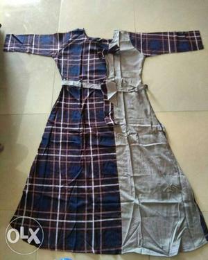 Gray And Multicolored Plaid Long-sleeved Dress
