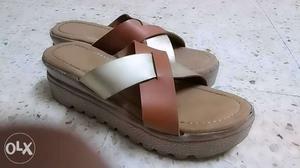 Pair Of Beige Leather Open-toe Platform Sandals
