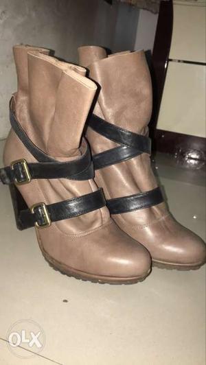 Pair Of Brown Leather Chunky Heeled Biker Boots