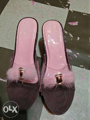 Pair Of Purple Leather Peep-toe Heeled Sandals