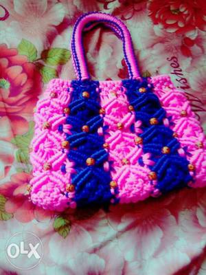 Pink And Blue Knitted Tote Bag