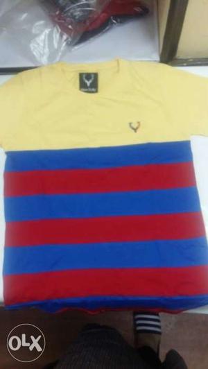 Yellow, Blue, And Red Stripe Crew-neck Shirt