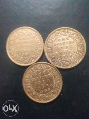 One quarter anna three coin