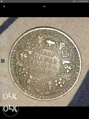 Round Silver-colored Half Rupee India Coin