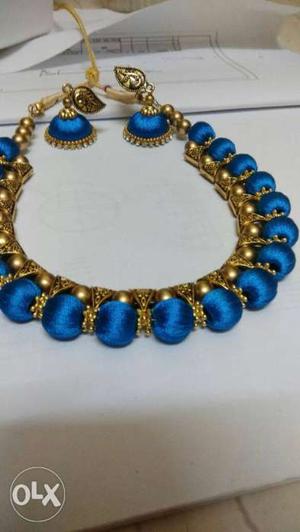 Gold-colored And Blue Silk Thread Necklace And Jhumka