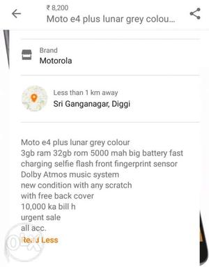 Moto e4 plus 3gb 32gb grey colour new condition