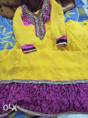 Yellow And Purple Long-sleeved Traditional Dress