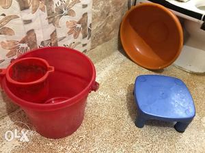 Red Plastic Dipper, Pail, Stool, And Basin