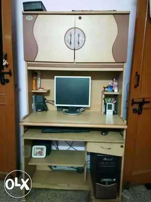 White And Brown Wooden Computer Desk With Hutch