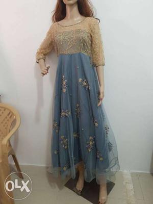 Blue And Brown Floral Long-sleeved Dress