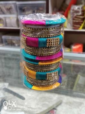 Blue, Pink, And Yellow Silk Tread Bangles