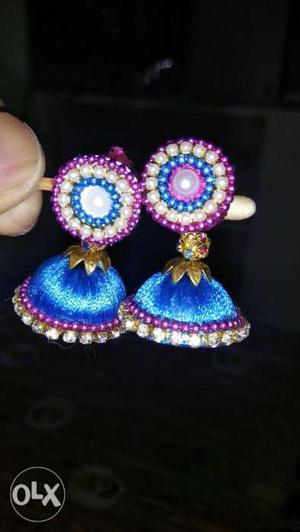 Blue-white-and-purple Silk Thread Jhumka Earrings