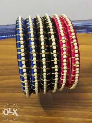 HQ Silk Thread Bangles of 3 pairs (black, pink&