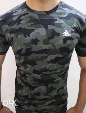Men's Black, Brown, And Green Camouflage Adidas Crew-neck