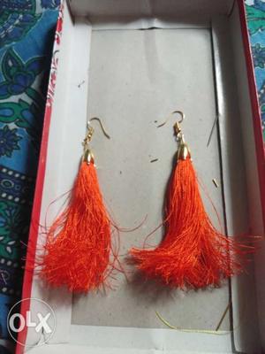 Orange Fringe Pendant Hook Earrings With Box
