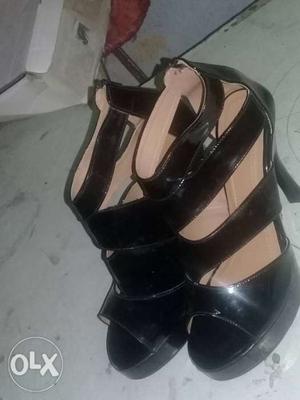 Pair Of Black Patent Leather Peep-toe Heeled Sandals