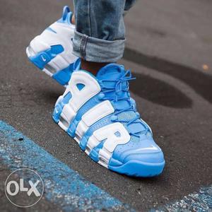 Pair Of Blue-and-white Nike Air Uptempo Sneakers