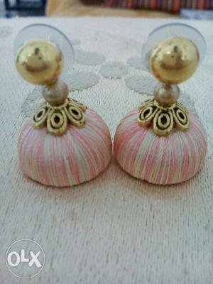 Pair Of Pink-and-white Djumkas Earrings