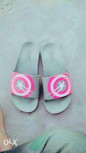 Pair Of White-and-pink Slide Sandals