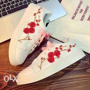 Pair Of White-and-red Floral Sneakers