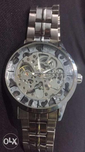 Round Silver Face Mechanical Watch With Silver Link Strap