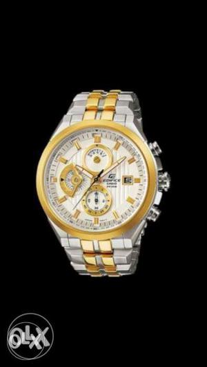 Round White Chronograph Watch With Gold Link Bracelet