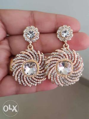 Two Gold-colored Clear Gemstone Earrings