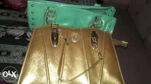 Two Green And Brown Leather Shoulder Bags