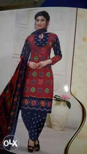 Women's Red And Blue Floral Long-sleeved Salwar Kameez Dress