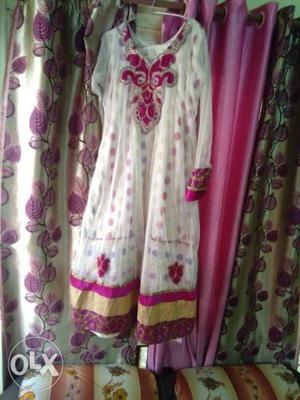 Women's White And Pink Floral Anarkali Traditional Dress