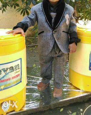 Boy's Grey Shawl Lapel Blazer With Dress Pants