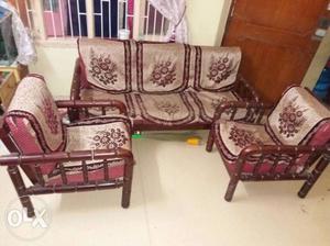 Brown Wooden Framed Floral Padded Armchairs